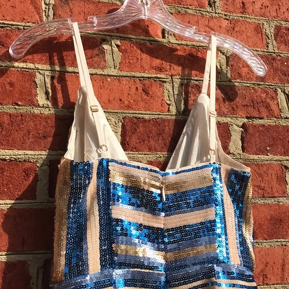 RYSE X Revolve Blue & Gold Sequin Wrap Mini Dress - Picture 14 of 16